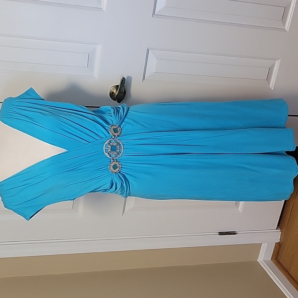 Muse Turquoise Embellished Waist V-Neck Stretch Dress Size 12